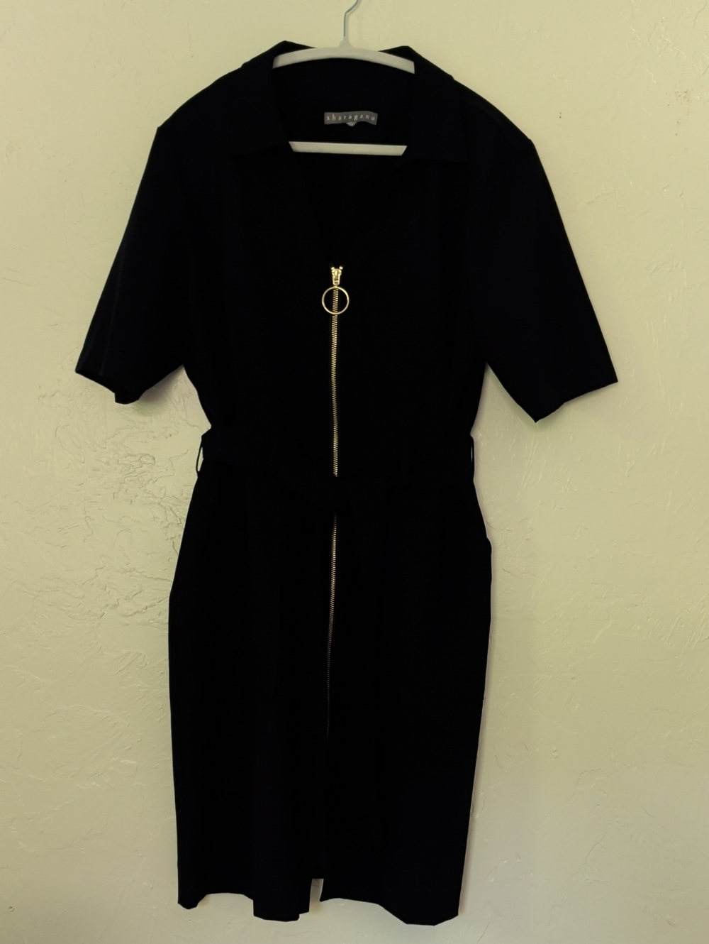 Sharagano Navy Midi Shirt Dress with Gold Ring-Zip